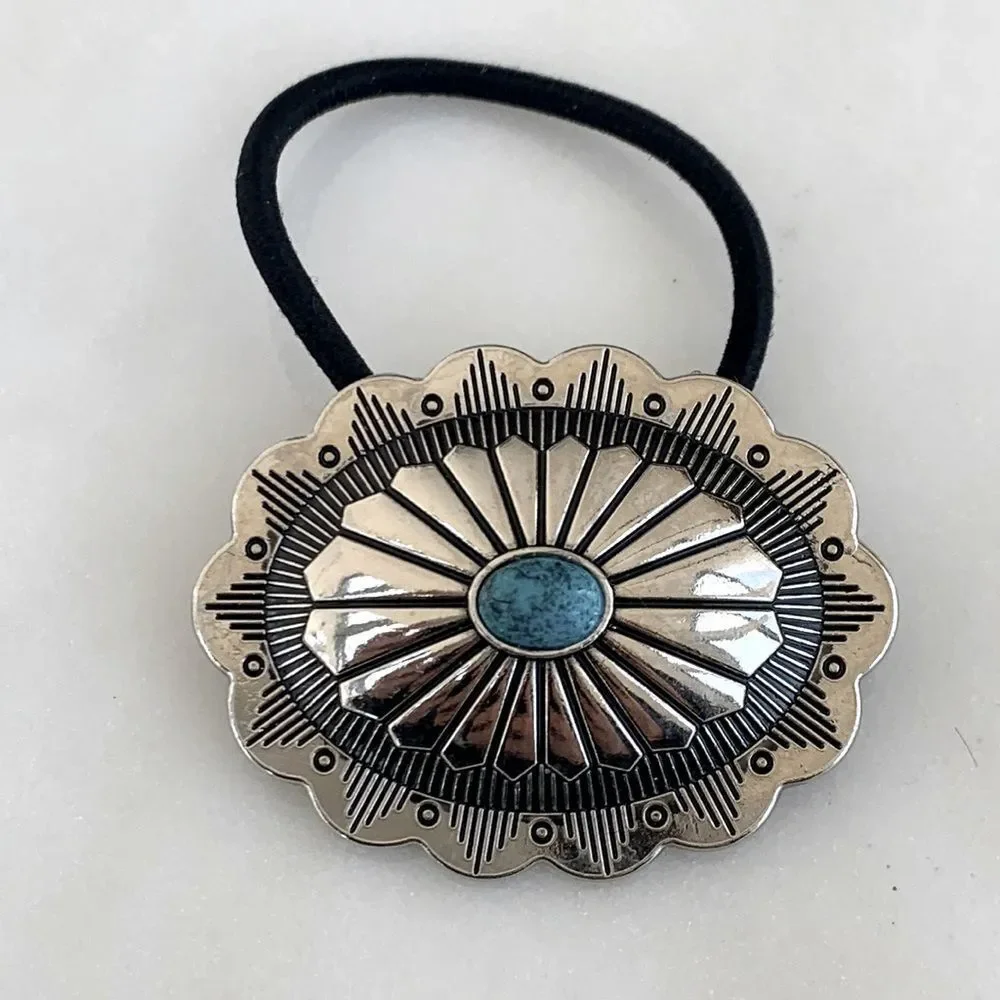 Western Cowgirl Concho Hair Tie, Silver Tone & Faux Turquoise